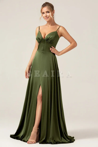 Beaira Olive A-Line Spaghetti Straps Long Bridesmaid Dress With Slit Bridesmaid dress shop