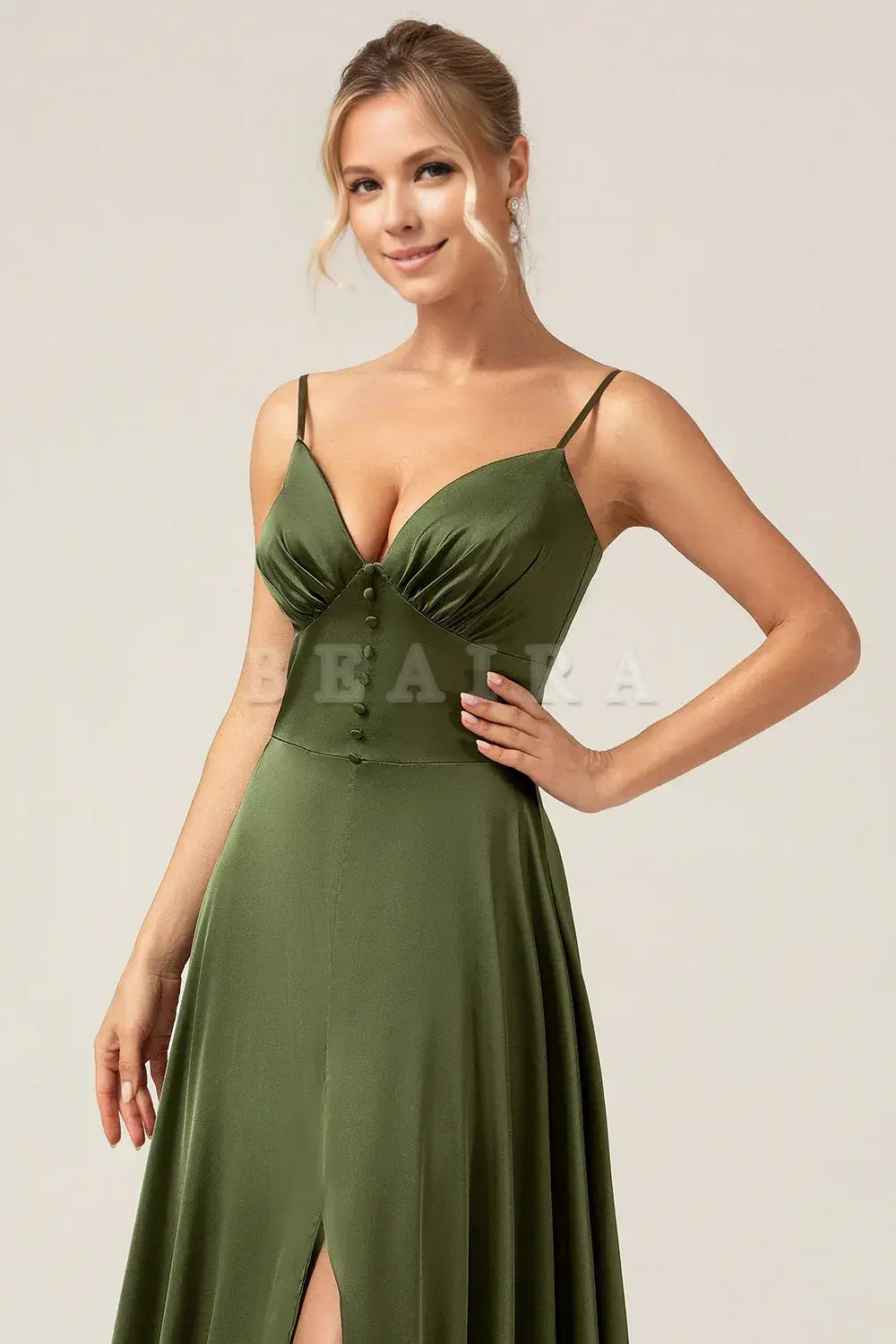 Beaira Olive A-Line Spaghetti Straps Long Bridesmaid Dress With Slit Bridesmaid dress shop