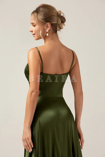 Beaira Olive A-Line Spaghetti Straps Long Bridesmaid Dress With Slit Bridesmaid dress shop