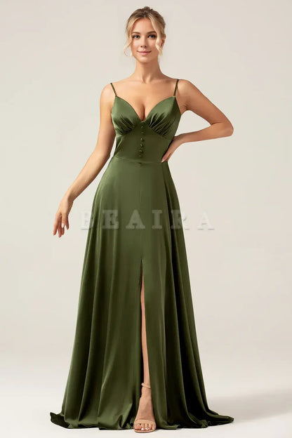 Beaira Olive A-Line Spaghetti Straps Long Bridesmaid Dress With Slit Bridesmaid dress shop