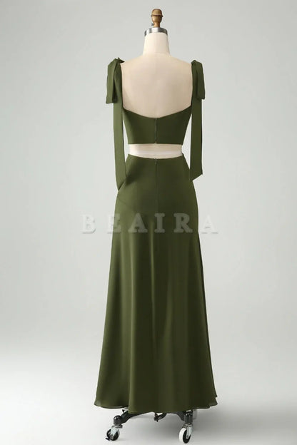 Beaira Olive A Line Spaghetti Straps Floor Length Dress with Slit Bridesmaid dress shop
