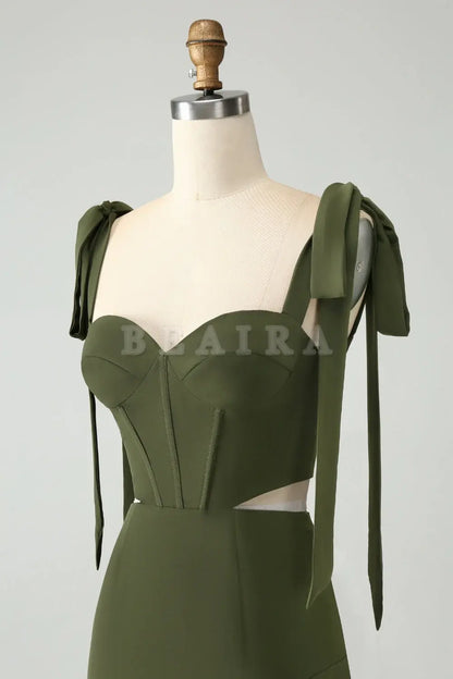 Beaira Olive A Line Spaghetti Straps Floor Length Dress with Slit Bridesmaid dress shop