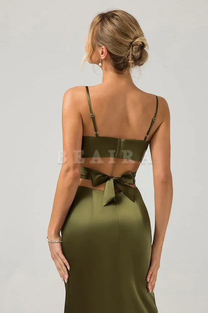 Beaira Olive Sheath Spaghetti Straps Cut Out Long Bridesmaid Dress with Slit Bridesmaid dress shop