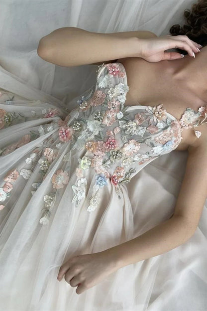 One Shoulder Champagne Long Prom Dress with Flowers Slit