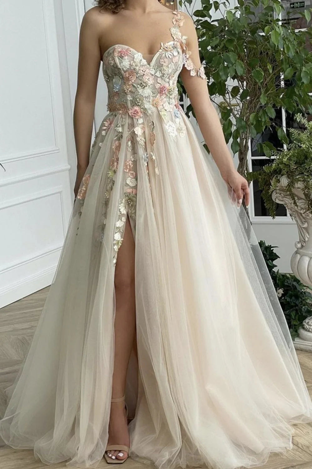 One Shoulder Champagne Long Prom Dress with Flowers Slit