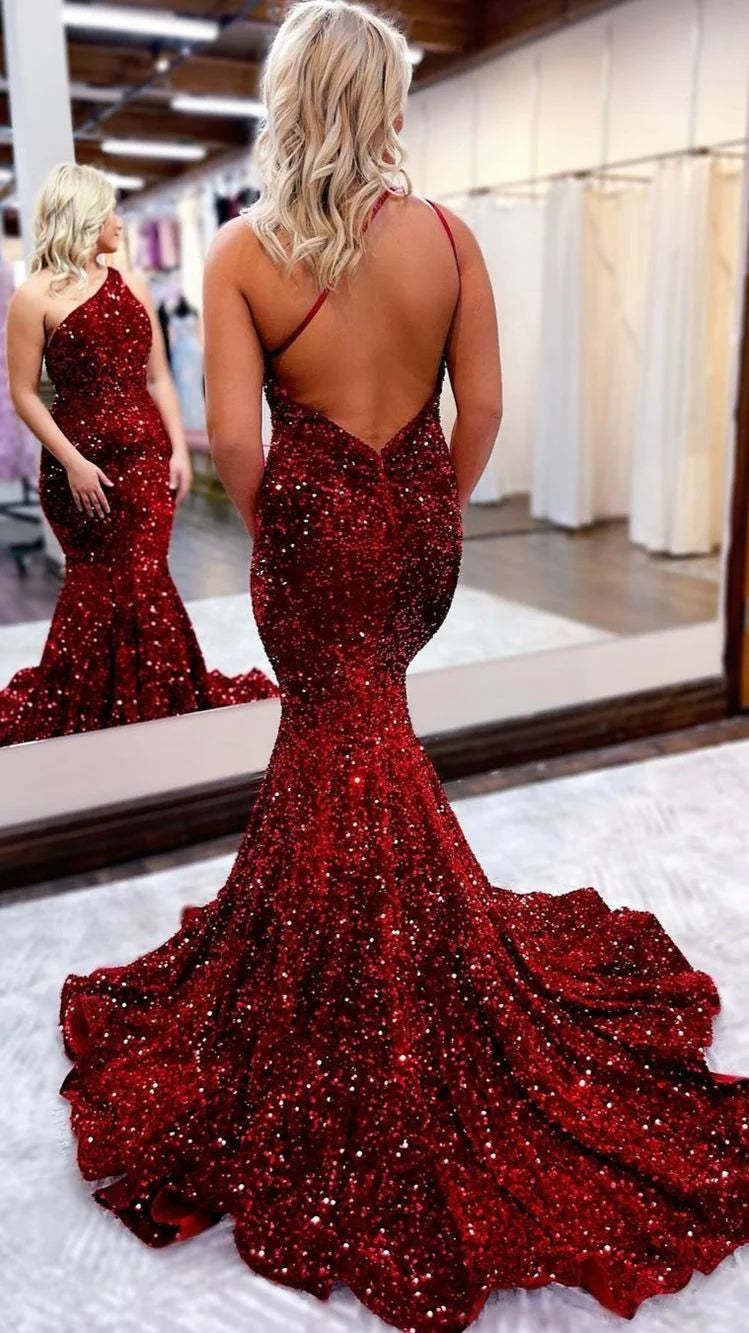 Mermaid Sequin Backless Red Sweep Train Prom Dresses