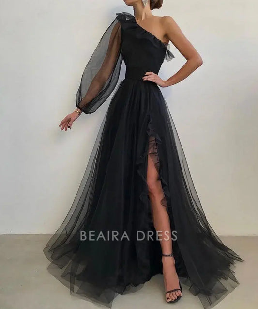 Beaira Elegant One shoulder black tulle prom dress a line split formal gown event dresses formal wear dresses