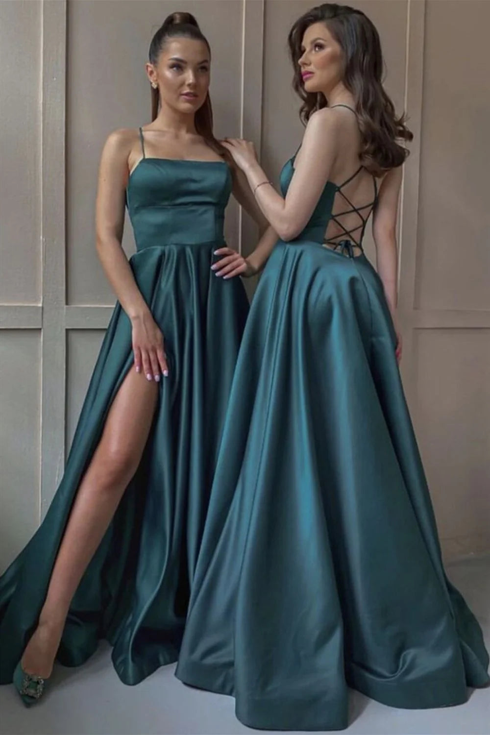 Open Back Green Satin Long Prom Dress with Slit