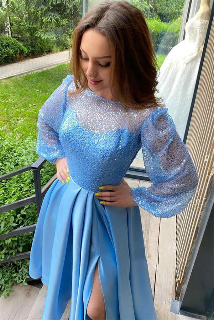 Open Back Long Sleeve Scoop Light Blue Floor-Length Beads Sexy Prom Dresses