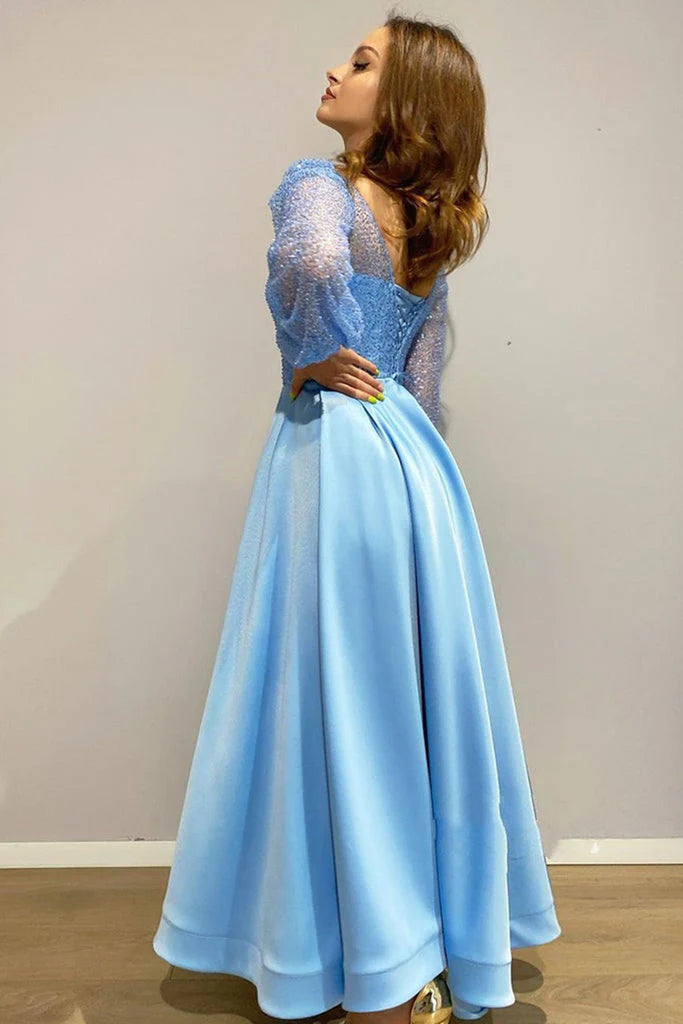 Open Back Long Sleeve Scoop Light Blue Floor-Length Beads Sexy Prom Dresses