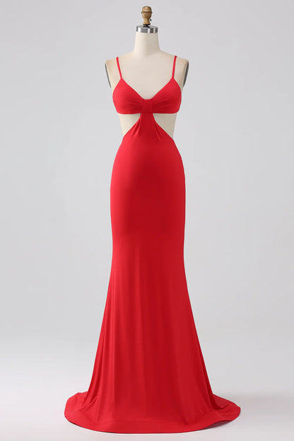 Beaira Spaghetti Straps Mermaid Backless Red Long Prom Dress