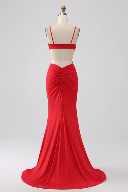 Beaira Spaghetti Straps Mermaid Backless Red Long Prom Dress