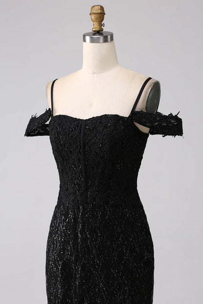 Beaira Black Mermaid Cold Shoulder Long Prom Dress with Slit