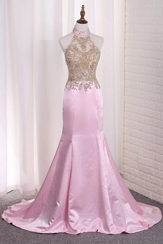 Party Dresses Mermaid See-Through Halter Beaded Bodice Satin