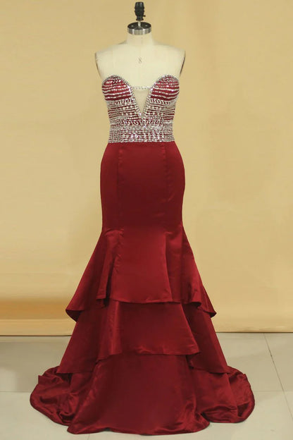 Party Dresses Mermaid Sweetheart Beaded Bodice Satin Sweep Train