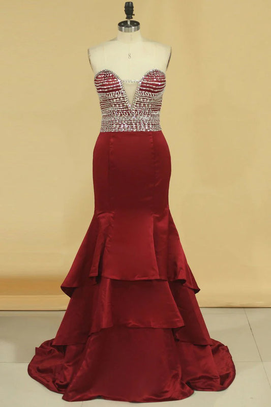 Party Dresses Mermaid Sweetheart Beaded Bodice Satin Sweep Train