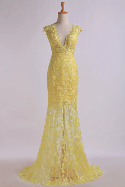 Party Dresses Mermaid/Trumpet V-Neck Lace Open Back