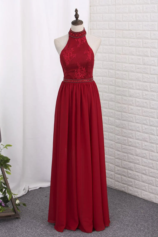 Party Dresses Sheath Halter Lace & Chiffon Sweep Train Detachable