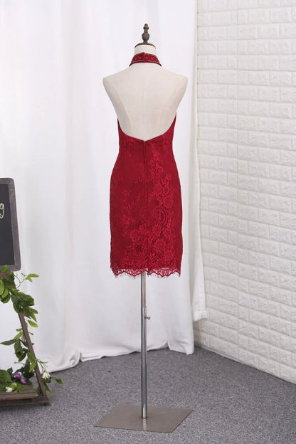 Party Dresses Sheath Halter Lace & Chiffon Sweep Train Detachable