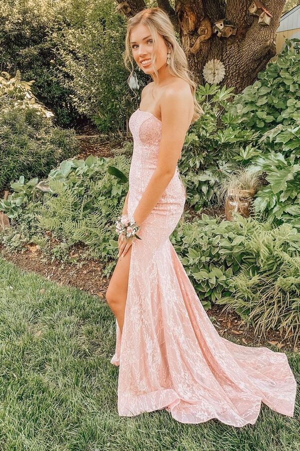 Mermaid Prom Dress Strapless Slit Lace Long Evening Dress