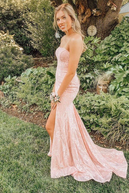 Mermaid Prom Dress Strapless Slit Lace Long Evening Dress