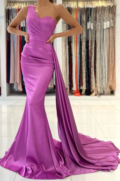 Pink Mermaid Satin One Shoulder Ruched Shawl Trumpet Prom Dresses Sexy Formal Dresses