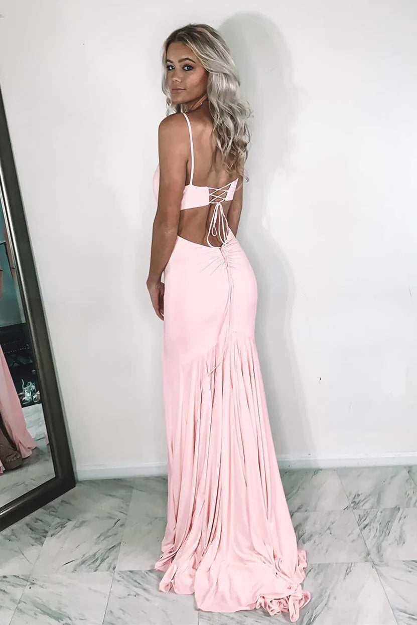 Mermaid Long Spaghetti Straps Sleeveless Slit V-Neck Cheap Prom Dress
