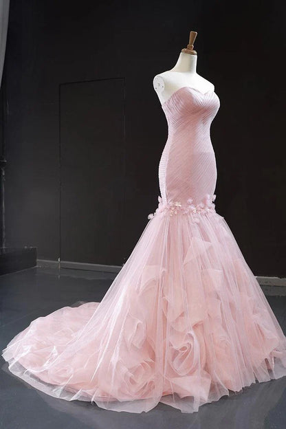Pink Tulle Strapless Mermaid Long Dresses Sweetheart Prom Dresses