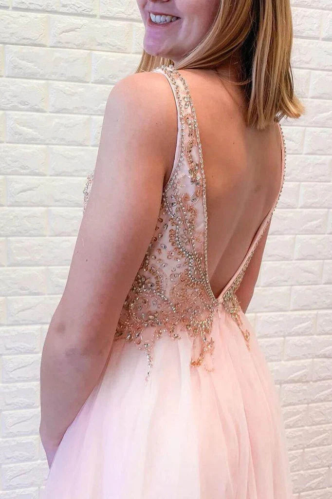 V-Neck Prom Dresses With Beaded Long A-line Tulle Prom Dresses
