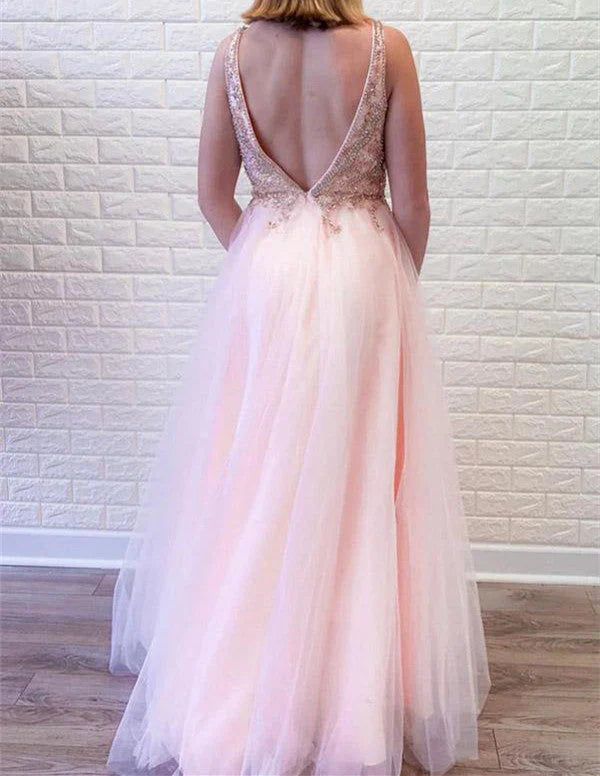 V-Neck Prom Dresses With Beaded Long A-line Tulle Prom Dresses
