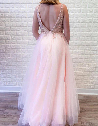 V-Neck Prom Dresses With Beaded Long A-line Tulle Prom Dresses
