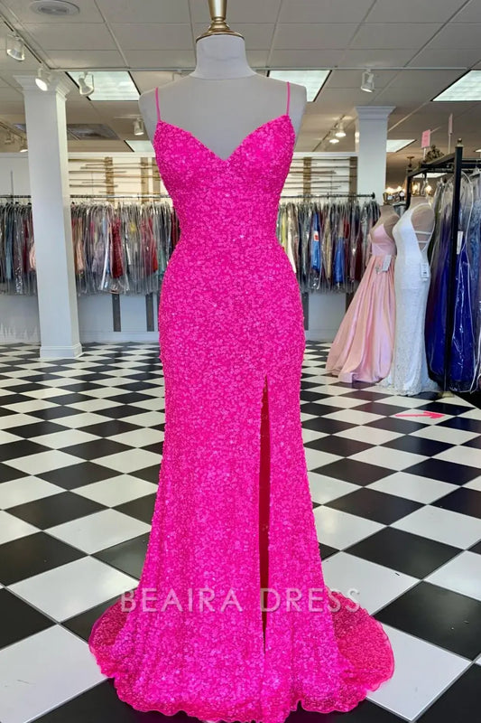 Beaira Elegant Pink Sequin Long Prom Dresses Spaghetti Straps Evening Party Gown formal wear dresses