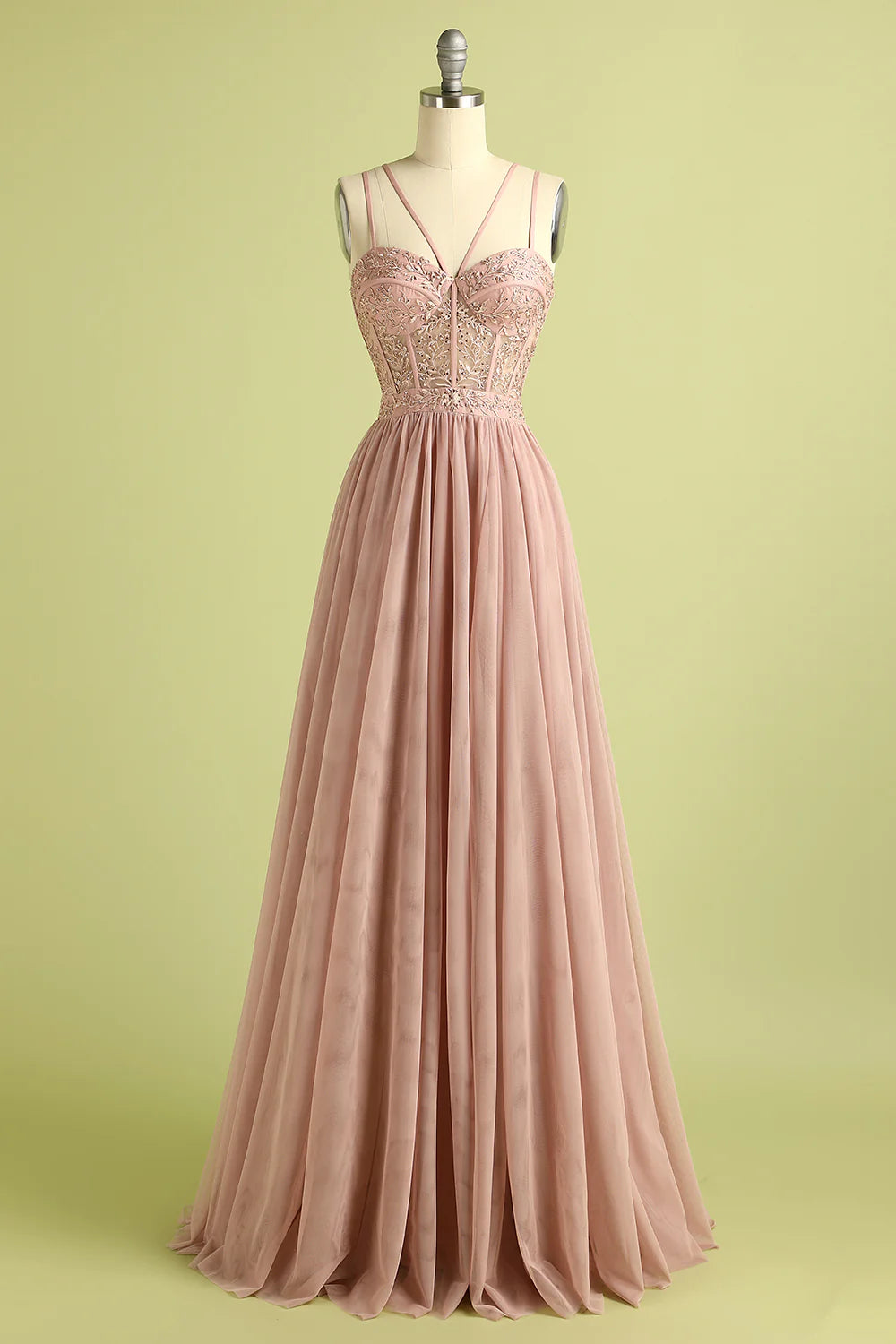Pink Split Front Spaghetti Straps Prom Dress