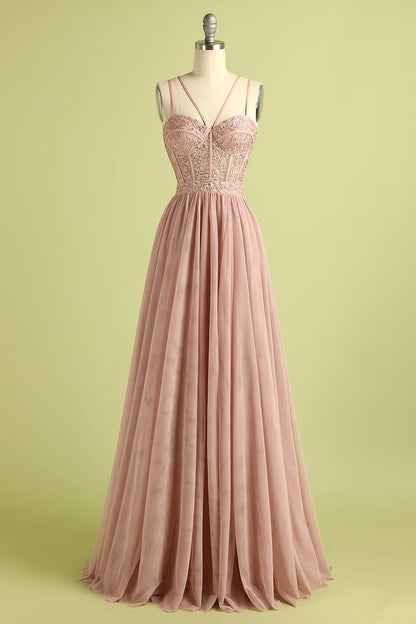 Pink Split Front Spaghetti Straps Prom Dress