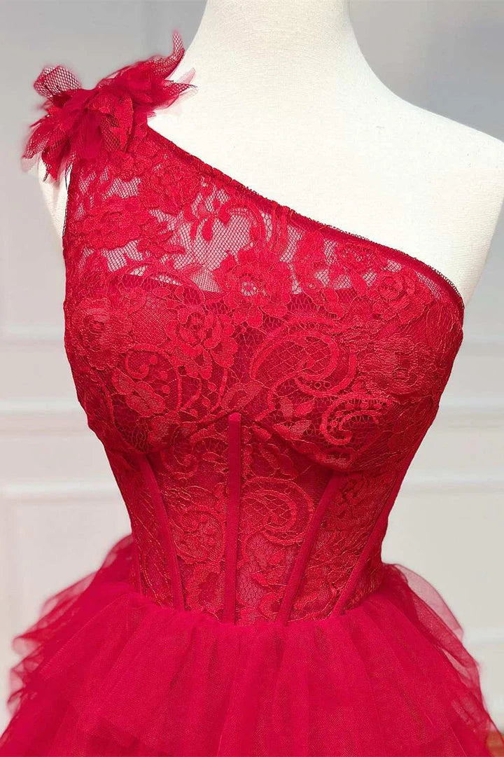 Plus Size Ball Gown Lace One Shoulder Multi-Tiered Prom Dress with Ruffles