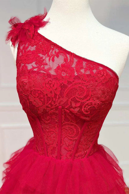 Plus Size Ball Gown Lace One Shoulder Multi-Tiered Prom Dress with Ruffles