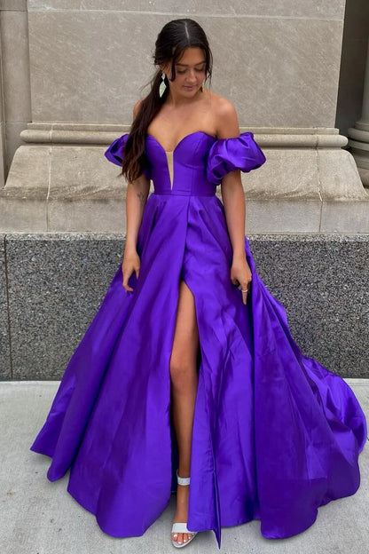 Plus Size Simple Blue Satin Puff Sleeves Strapless Lace up Floor Length Prom Dresses with Pockets