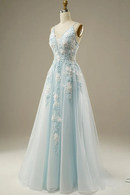 Spaghetti Straps Floral Beading Long Mint Green Prom Dresses V Neck Tulle Formal Dress