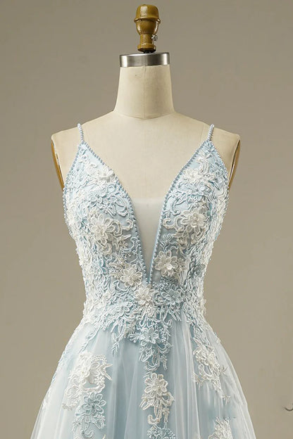 Spaghetti Straps Floral Beading Long Mint Green Prom Dresses V Neck Tulle Formal Dress