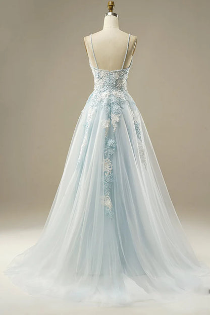 Spaghetti Straps Floral Beading Long Mint Green Prom Dresses V Neck Tulle Formal Dress