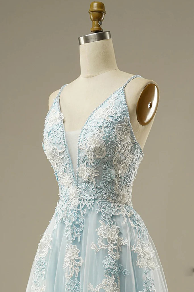 Spaghetti Straps Floral Beading Long Mint Green Prom Dresses V Neck Tulle Formal Dress