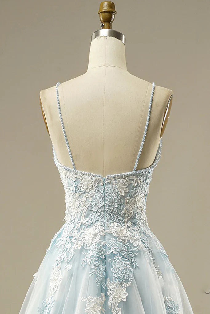 Spaghetti Straps Floral Beading Long Mint Green Prom Dresses V Neck Tulle Formal Dress