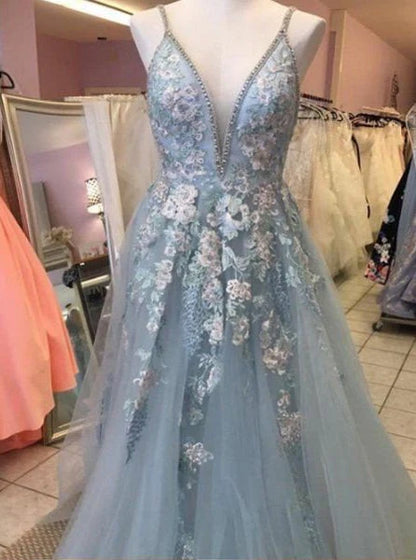Spaghetti Straps Floral Beading Long Mint Green Prom Dresses V Neck Tulle Formal Dress
