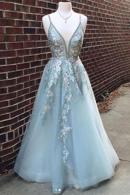 Spaghetti Straps Floral Beading Long Mint Green Prom Dresses V Neck Tulle Formal Dress