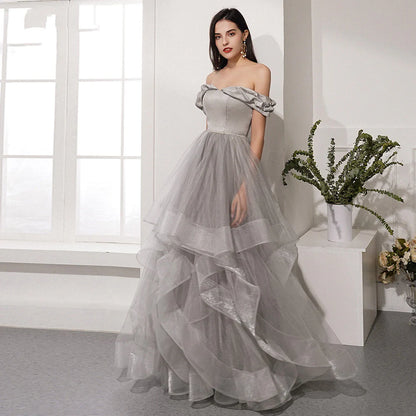 A Line Off The Shoulder Tulle Floor Length Prom Dress