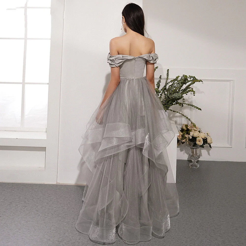 A Line Off The Shoulder Tulle Floor Length Prom Dress