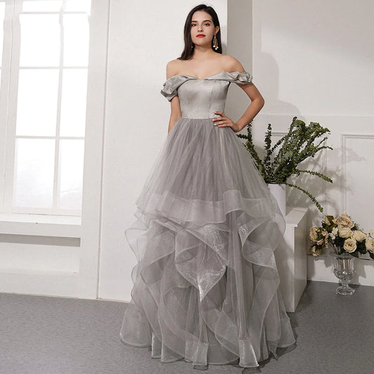 A Line Off The Shoulder Tulle Floor Length Prom Dress