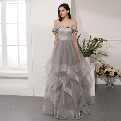 A Line Off The Shoulder Tulle Floor Length Prom Dress