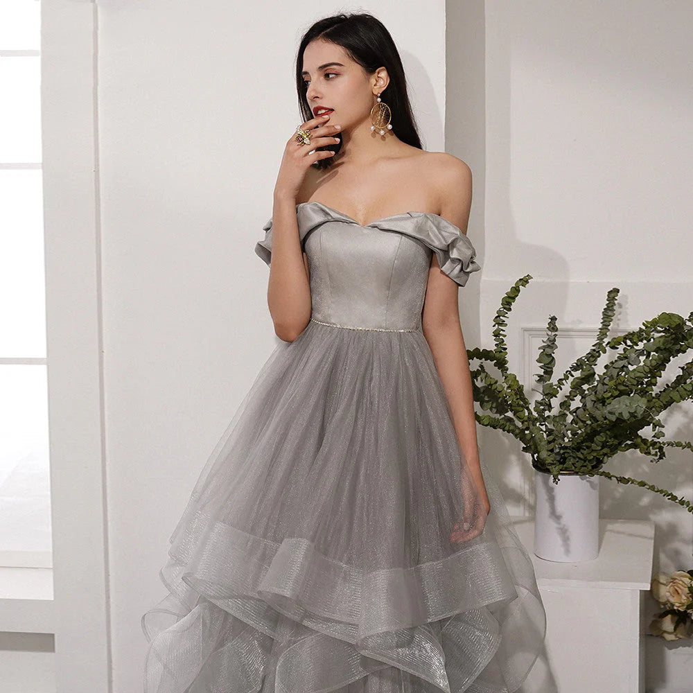 A Line Off The Shoulder Tulle Floor Length Prom Dress
