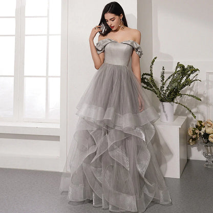 A Line Off The Shoulder Tulle Floor Length Prom Dress